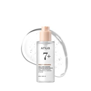 Bottle of ANUA Rice 7 Ceramide Hydrating Barrier Serum 50ml with simple white and beige packaging