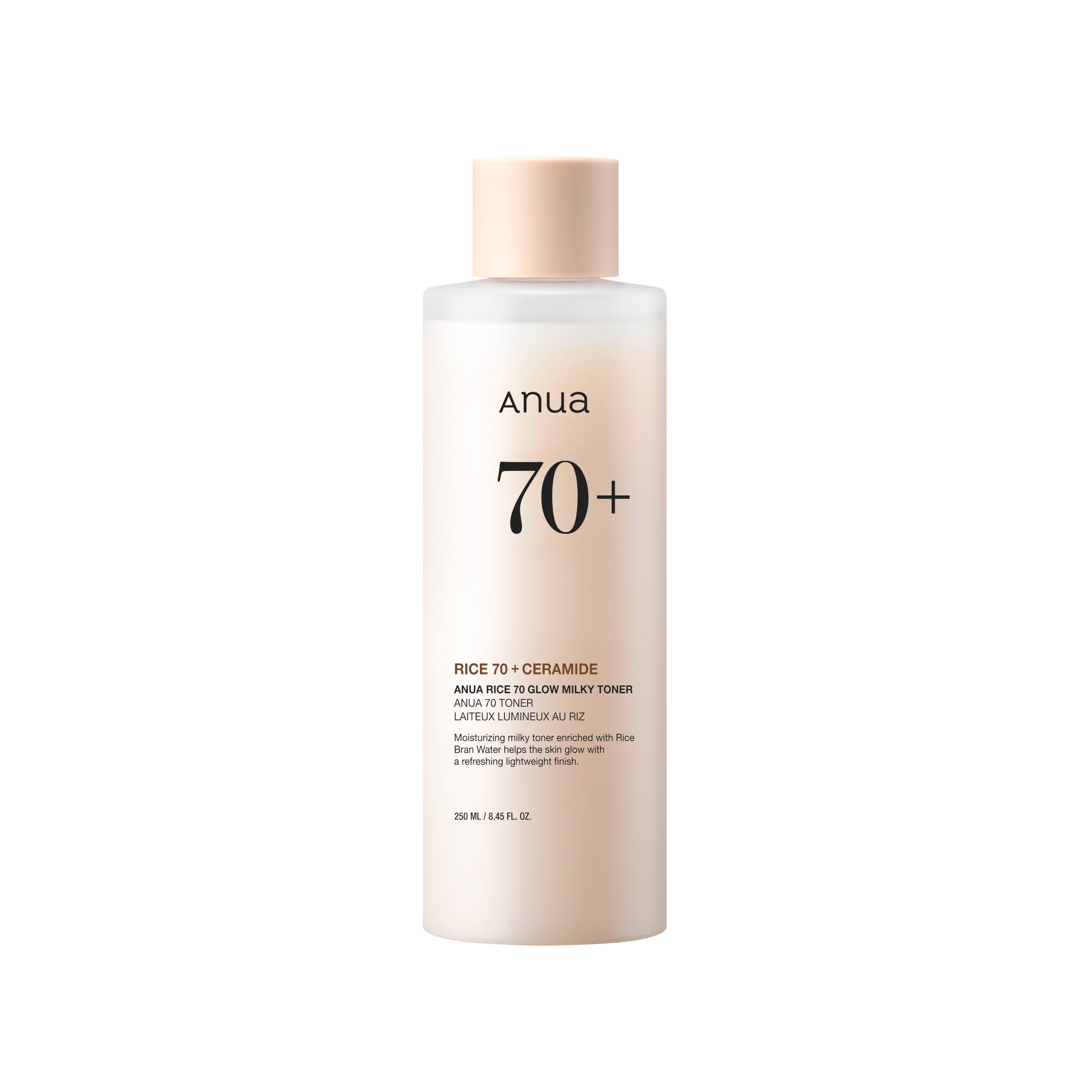 ANUA-RICE-70-GLOW-MILKY-TONER-250ML Bottle of ANUA Rice 70 Glow Milky Toner 250ml with milky white liquid and rice-themed label
