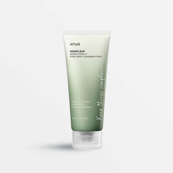 Espuma de Limpeza Profunda ANUA Heartleaf Quercetinol 150ml ANUA Heartleaf Quercetinol Cleansing Foam 150ml tube with green heartleaf design